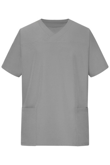A grey men's stretch casack featuring short sleeves and two front pockets. It has a logo on the design.