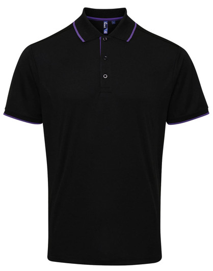 A black polo shirt featuring contrasting purple trim and a collar, with a logo on the chest.