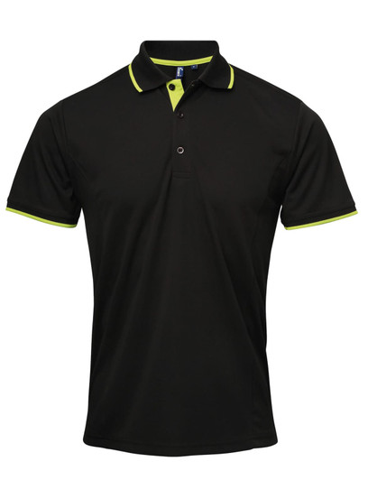 A black polo shirt with lime green accents and a logo on the collar.