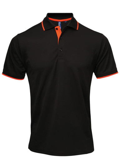 A black polo shirt featuring orange accents on the collar and sleeves, with a logo on the chest.