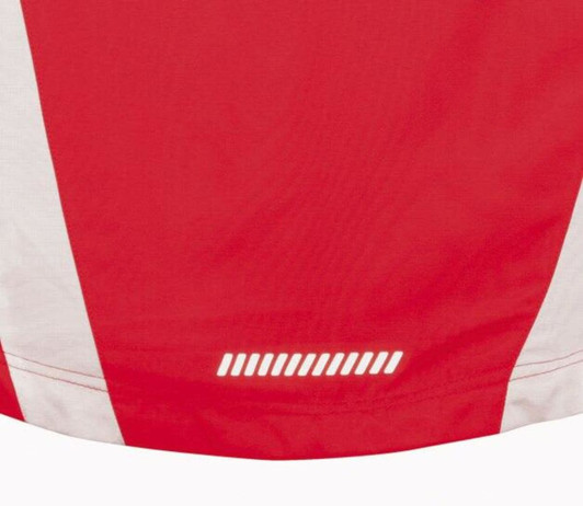 A red ladies running tank featuring a white stripe and a small logo at the bottom.