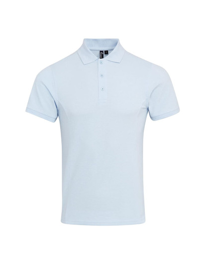 A light blue polo shirt featuring a collar and three buttons, with a logo on the chest area.