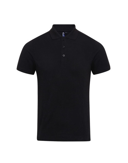 A black polo shirt featuring a collar and three buttons, with a logo on the chest.