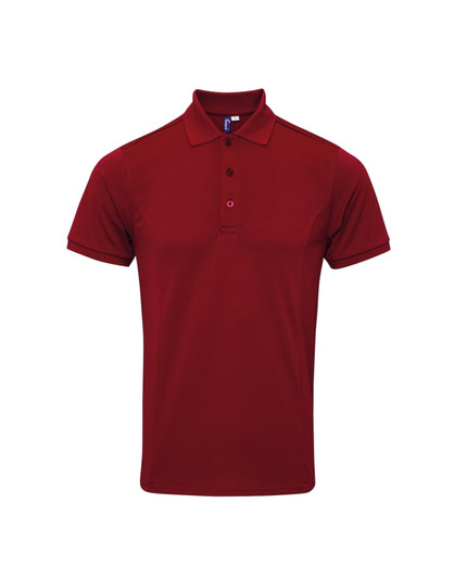 A red polo shirt with a collar and three buttons, featuring a small logo on the chest area.