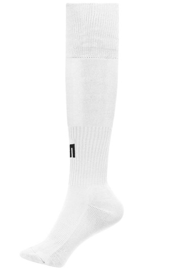 A pair of knee-high white sports socks featuring a logo. Suitable for team uniforms and sports activities.