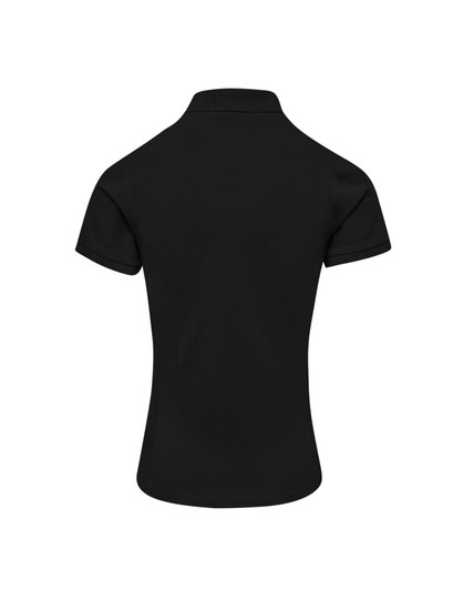 A black women's polo shirt with a classic pique texture and a collar. Features a branding logo on the back.