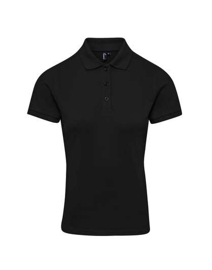 A black women's polo shirt with a classic collar and button placket. It features short sleeves and includes a logo.