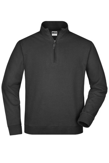 A black round-neck zip jumper with long sleeves and a zip at the collar. It features a logo on the chest.