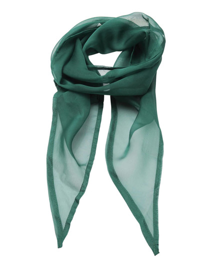 A green chiffon scarf with a lightweight, sheer design, featuring a delicate, flowing look and a simple branding logo.