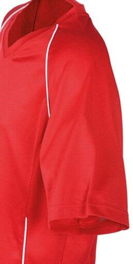 A red T-shirt featuring short sleeves and contrasting piping details. The shirt has a logo on the front.