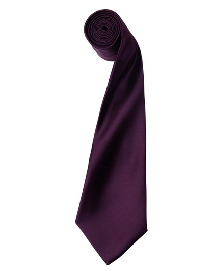 A purple satin tie rolled up, featuring a sleek, smooth texture and a pointed end. It includes a logo.