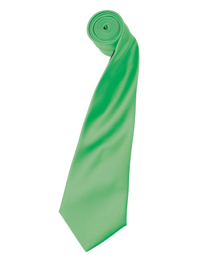 A green satin tie rolled into a spiral, showcasing its smooth texture and vibrant colour. Contains a logo.