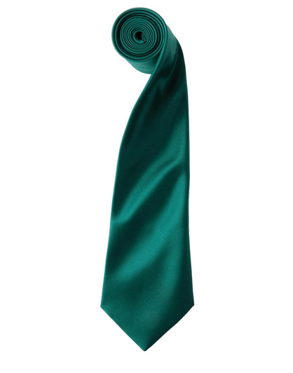 A rolled satin tie in a vibrant teal colour, featuring a smooth, polished finish and a tapered end.