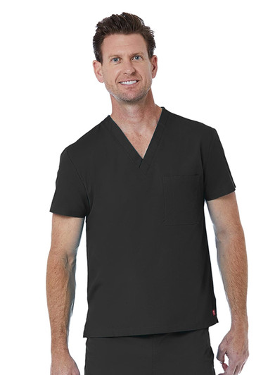 A black unisex V-neck top with short sleeves and a chest pocket, worn by a smiling male model.