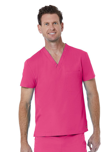 A unisex V-neck top in vibrant pink, featuring short sleeves and a front pocket. The top has a logo on it.