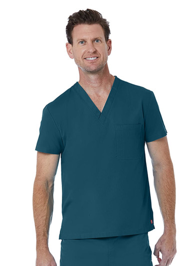A unisex v-neck top in a deep teal colour, featuring short sleeves and a pocket. It has a branding logo.