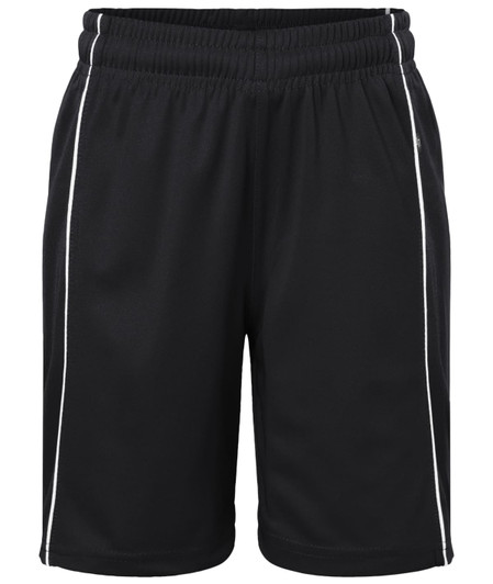 Black sports shorts with white side stripes and an elastic waistband. Features a small logo.