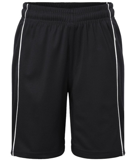 Black sports shorts with white trim and an elastic waistband, featuring a logo on the side.