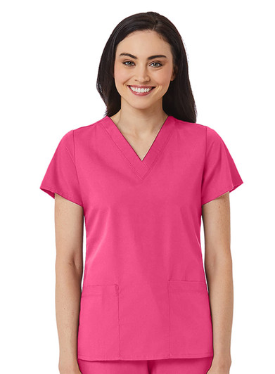 A women's V-neck top in vibrant pink, featuring short sleeves and two front pockets. It has a logo on the side.