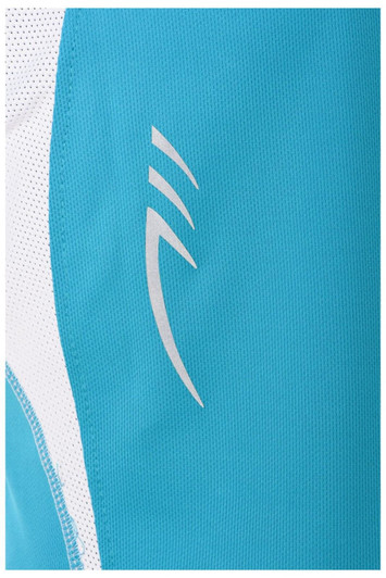 A close-up of a turquoise running T-shirt featuring a logo in white. The fabric appears lightweight and breathable.