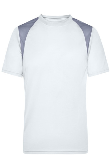 A light grey men's running T-shirt featuring grey shoulder panels and a logo on the chest.