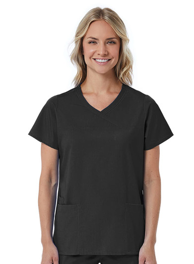 A women's mock wrap top in black with a V-neck and two front pockets. The top features a logo on it.