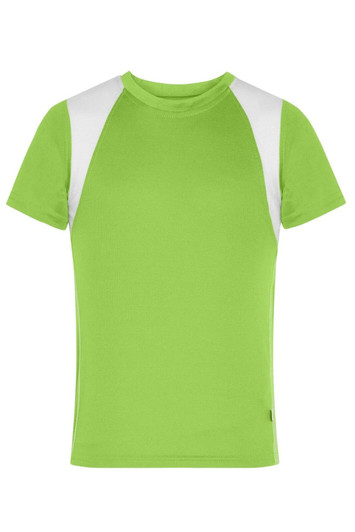 A green t-shirt with white shoulder panels, featuring a logo on the front.