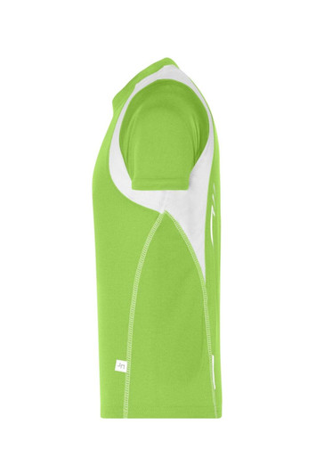A bright green and white running t-shirt with short sleeves and a fitted design. It features a logo on the side.