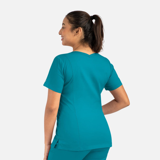 A women's double V-neck top in teal, featuring short sleeves and a fitted design, with a logo visible.