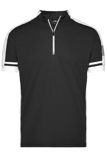 A black half-zip T-shirt featuring white stripe accents on the shoulders and sleeves. It has a small collar and a branding logo.