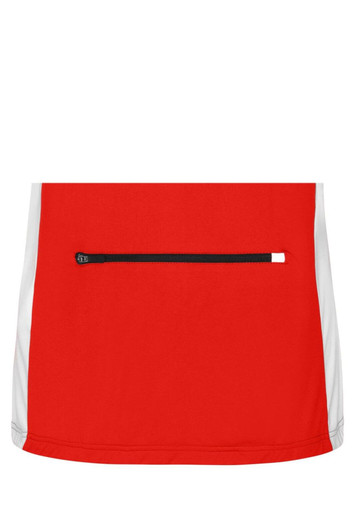 A red and white full zip shirt featuring a small zippered pocket on the front. It has a logo on it.