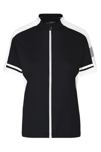 A black and white full zip cycling shirt featuring short sleeves and a logo on the front.