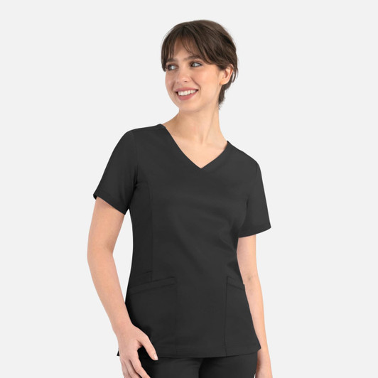 A black women's curved mock wrap top with short sleeves and two front pockets, featuring a logo.
