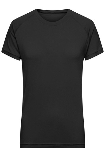 A black ladies sports t-shirt with short sleeves and a round neckline. It features a logo on the front.