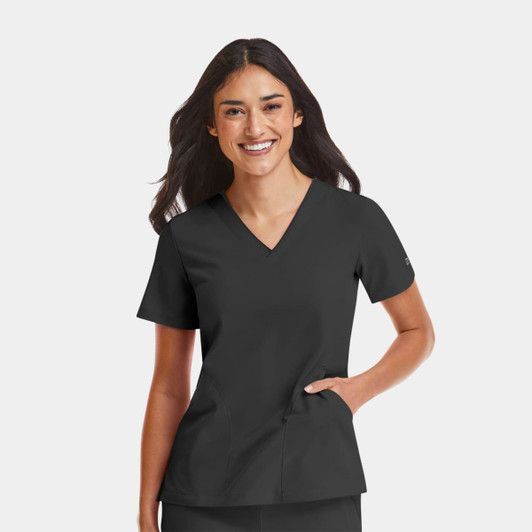 A women's black V-neck top with short sleeves, featuring a side pocket and a logo on the sleeve.