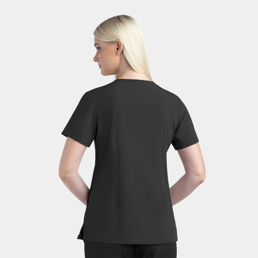 A black women's V-neck top with short sleeves, featuring a simple design and a logo on the back.