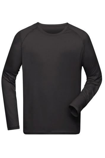 A long-sleeved men's sports shirt in black with a logo. Suitable for casual or athletic wear.