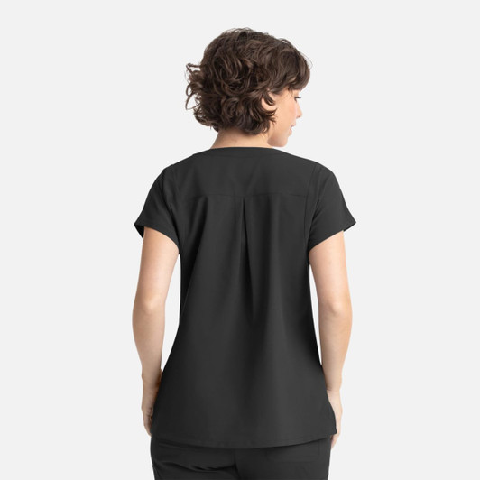 A black women's top featuring a dolman sleeve design and three pockets on the front. It has a simple branding logo.