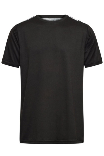 A black men's sports shirt with a standard crew neck and short sleeves, featuring a logo.