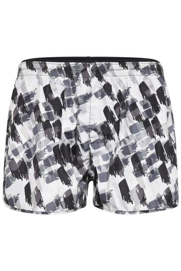 A pair of ladies' sports shorts in a black and white brushstroke pattern, featuring an elastic waistband and a logo.