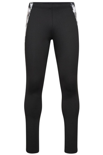 A pair of men's sports tights in black with a patterned detail on the sides. The product features a logo.