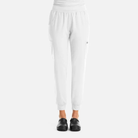 A pair of white jogger pants with an elastic waistband and side pockets, featuring a small logo.