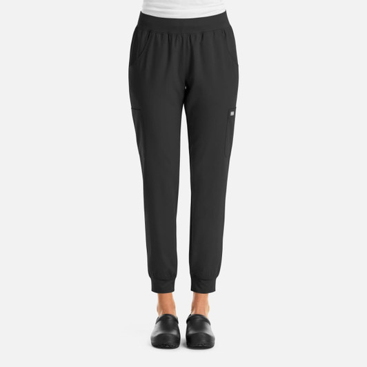 A pair of black women's jogger pants featuring an elastic waistband and pockets, with a logo.