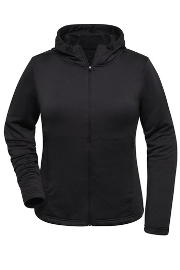 A black ladies sports zip hoodie featuring a zip front and a hood. The garment has a logo on it.