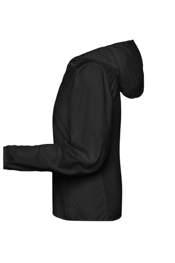 A black ladies sports jacket in a soft shell design, featuring a hood and long sleeves. It has a logo on it.