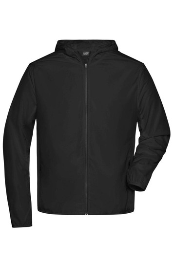 A black men's sports jacket featuring a zip front and a hood, with a logo on the chest.