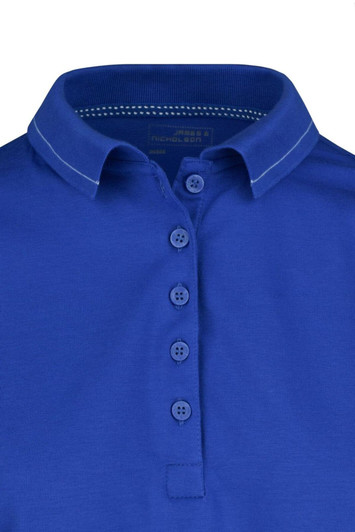 A blue ladies' elastic polo shirt featuring a classic collar and button placket, with a small logo on the design.