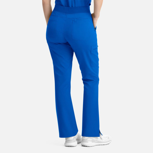 Blue full elastic band flare leg pants with pockets, featuring a waistband and a slight flare at the legs.