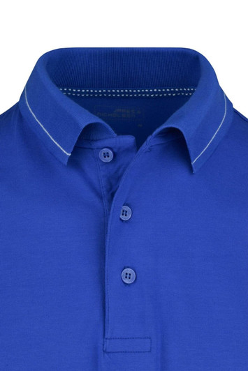 A blue men's elastic polo shirt featuring a collared neckline and three-button placket, with a logo on the chest.