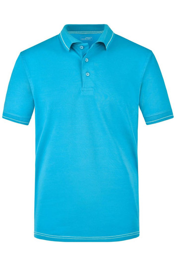 A light blue men's elastic polo shirt with a classic collar and three buttons, featuring contrasting stitching. It includes a logo.